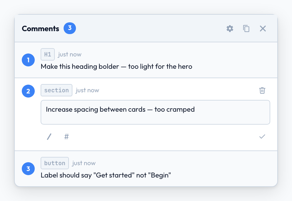 Side panel showing three queued comments targeting different elements, with one expanded for editing