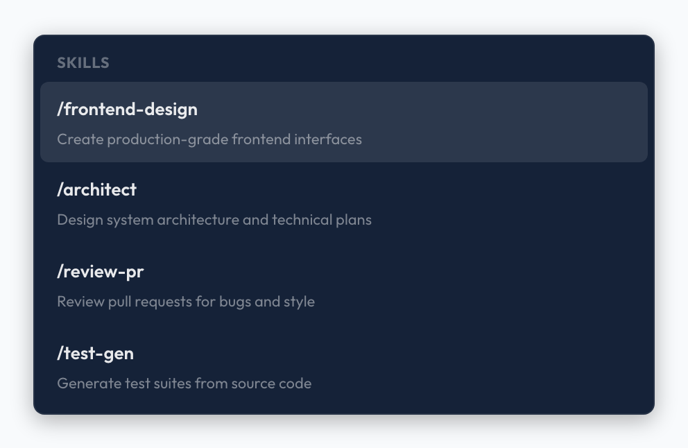 Autocomplete dropdown showing available slash commands like /frontend-design, /architect, and /review-pr