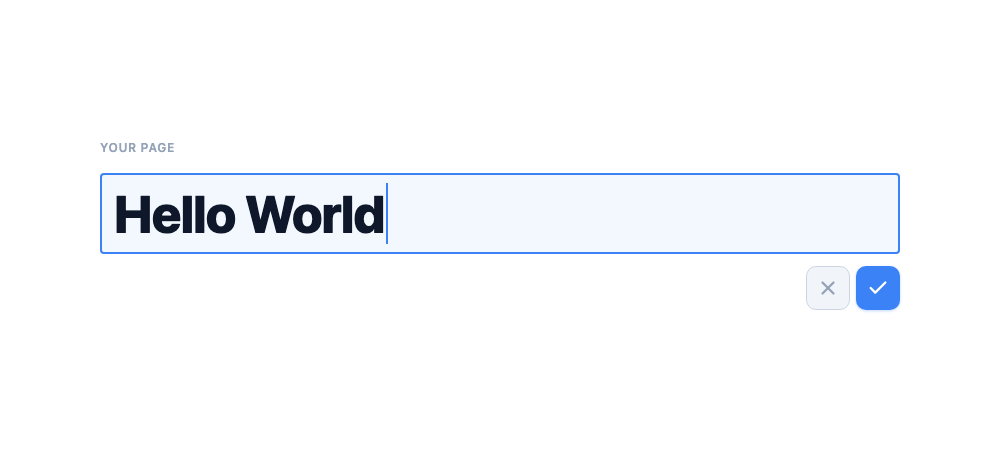 A heading element being edited inline with a blue outline and accept/dismiss controls below