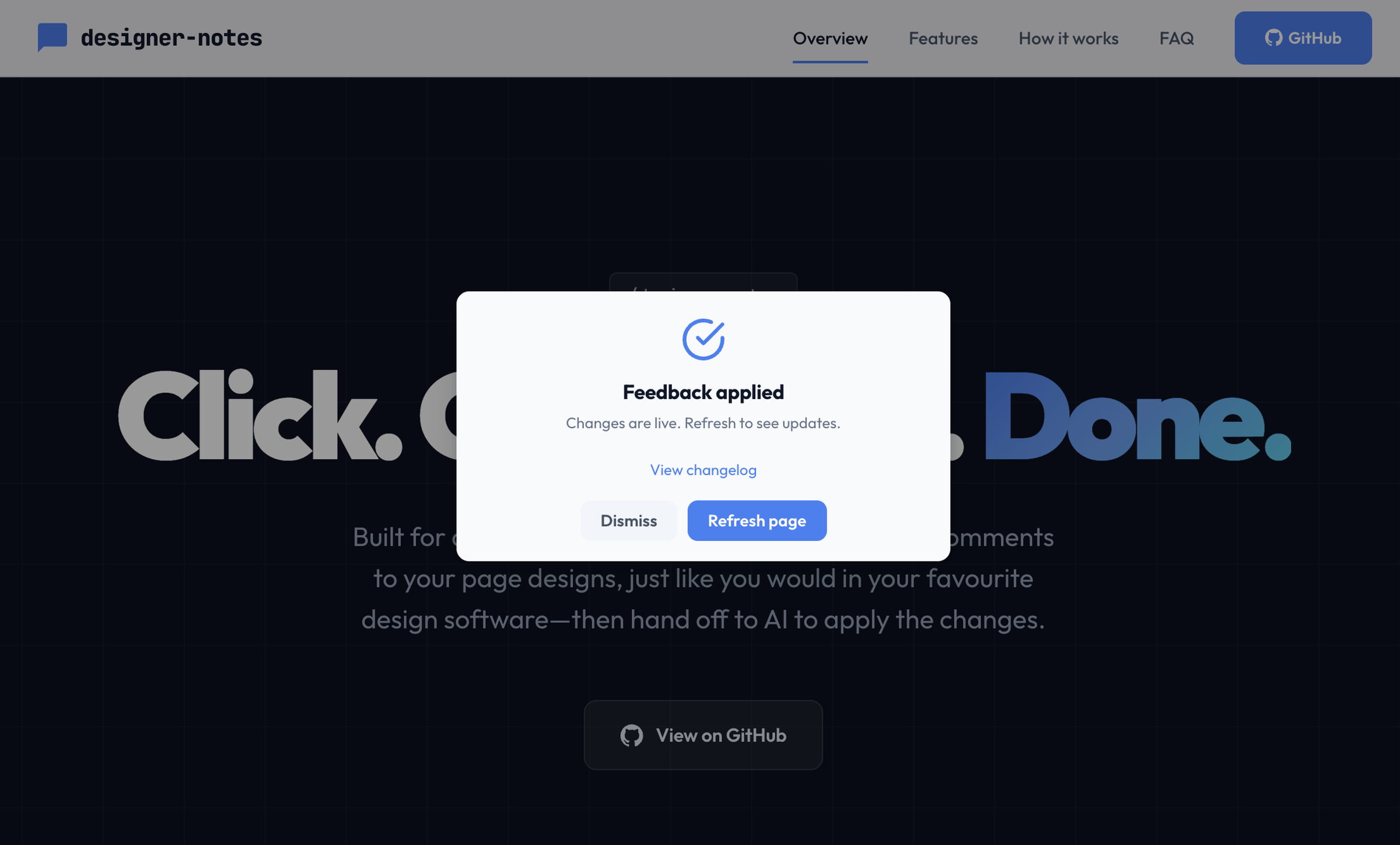 Feedback applied dialog with refresh page and view changelog options