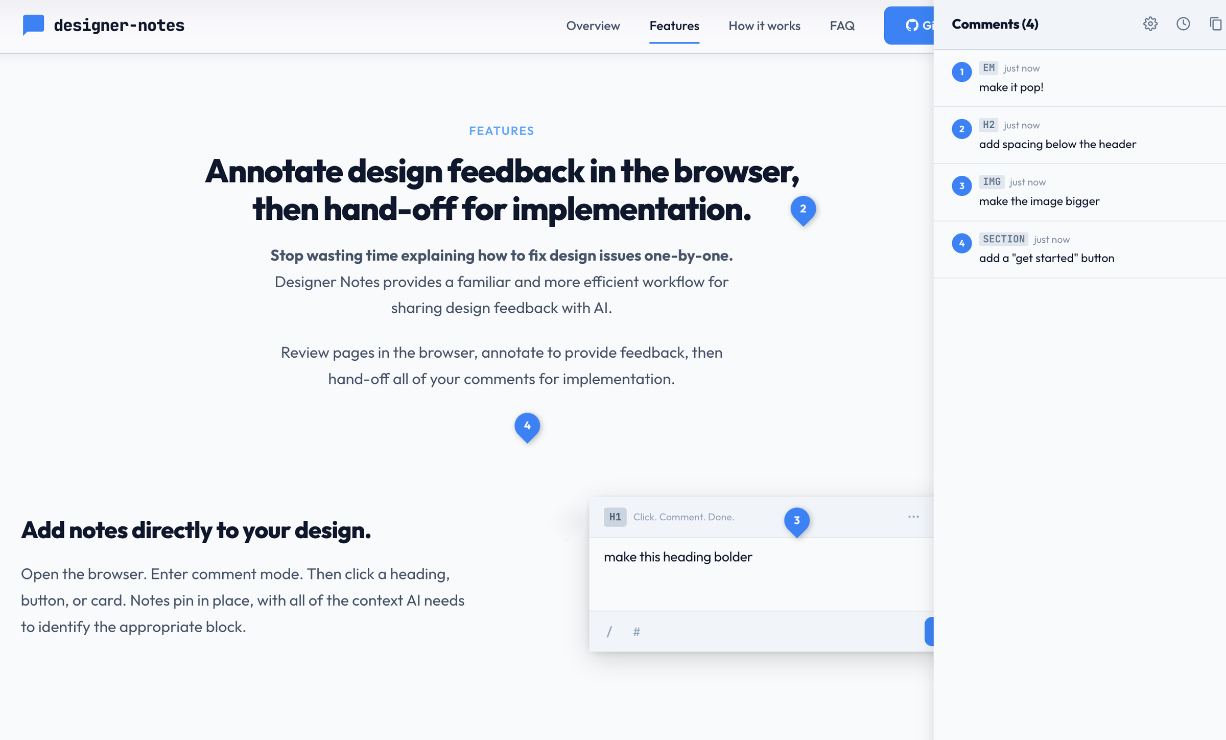 Side panel showing three queued comments with numbered pins on the page
