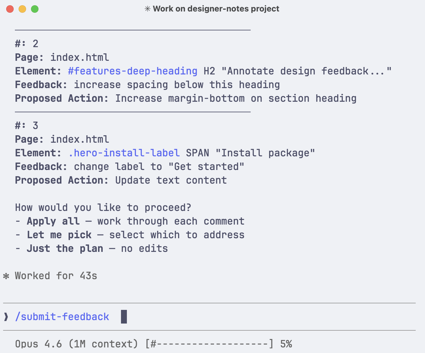Terminal showing the submit-feedback summary table with proposed actions